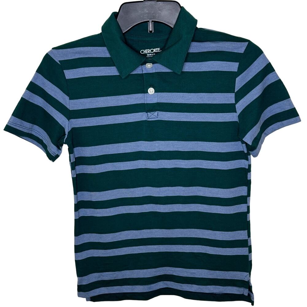 CHEROKEE YOUTH GREEN AND GRAY STRIPES SHORT SLEEVE POLO SHIRT SIZE MEDIUM 8-10